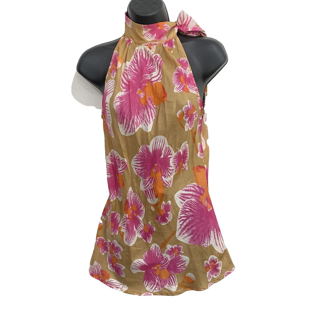Y2K Cache Silk Floral Halter Top Pink Tropical Hawaiian Size Medium Women's